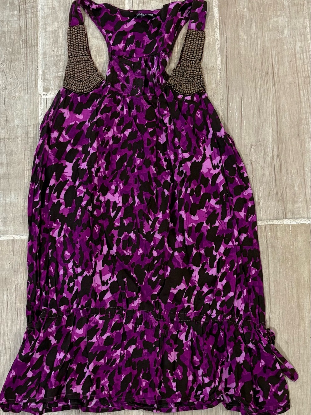 Apt. 9 Purple and Black Print Halter Dress with Beaded Straps